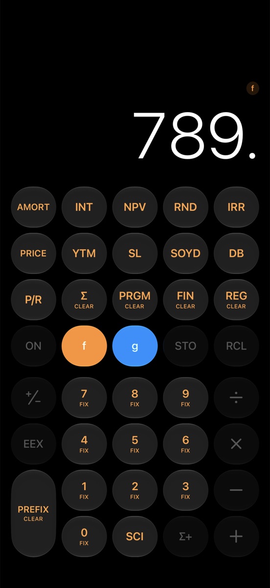 Par in dark mode with f pending, so the keys show their orange f functions such as AMORT, NPV and IRR